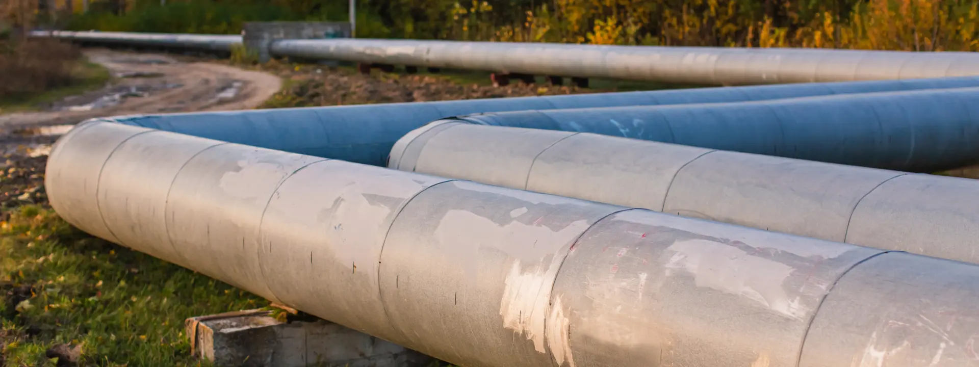Large metal pipelines laid on a grassy area near a gravel path, surrounded by trees with autumn foliage. The pipelines have a weathered appearance, indicating exposure to the elements.