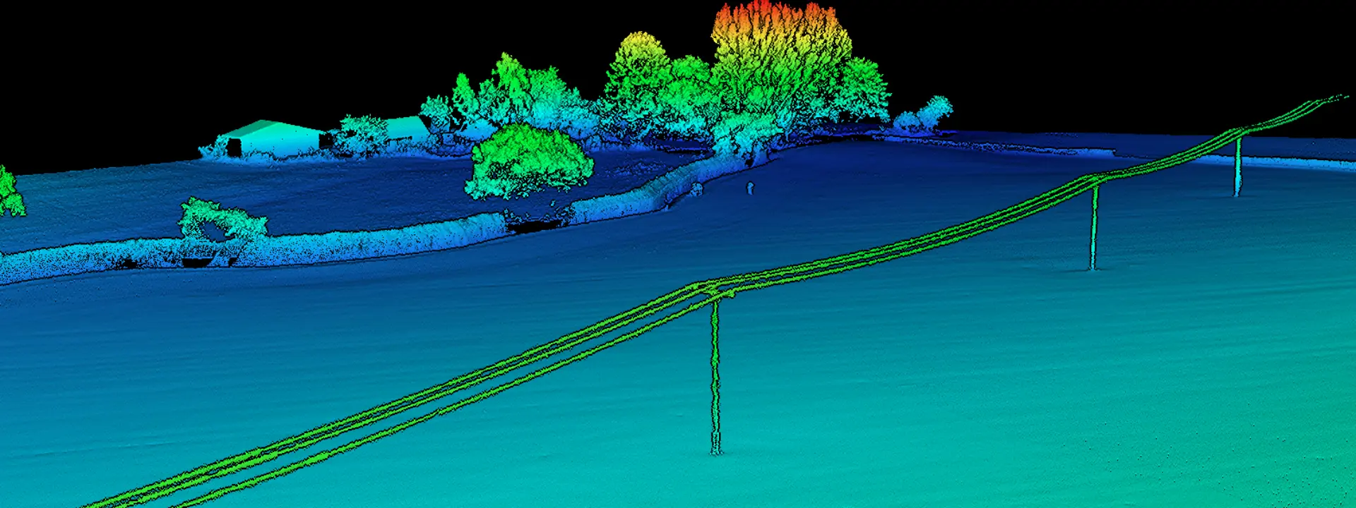 A digital elevation model depicting a landscape with a fence, trees, and a building, all represented in vibrant colors against a black background. Power lines run across the foreground.