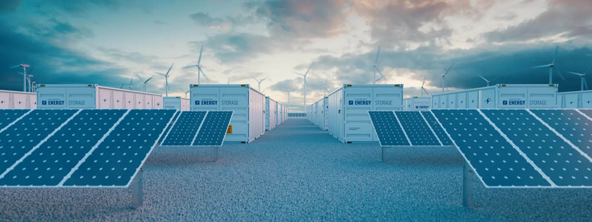 A renewable energy facility with rows of solar panels in the foreground and energy storage containers lined up in the background, under a cloudy sky with wind turbines visible in the distance.