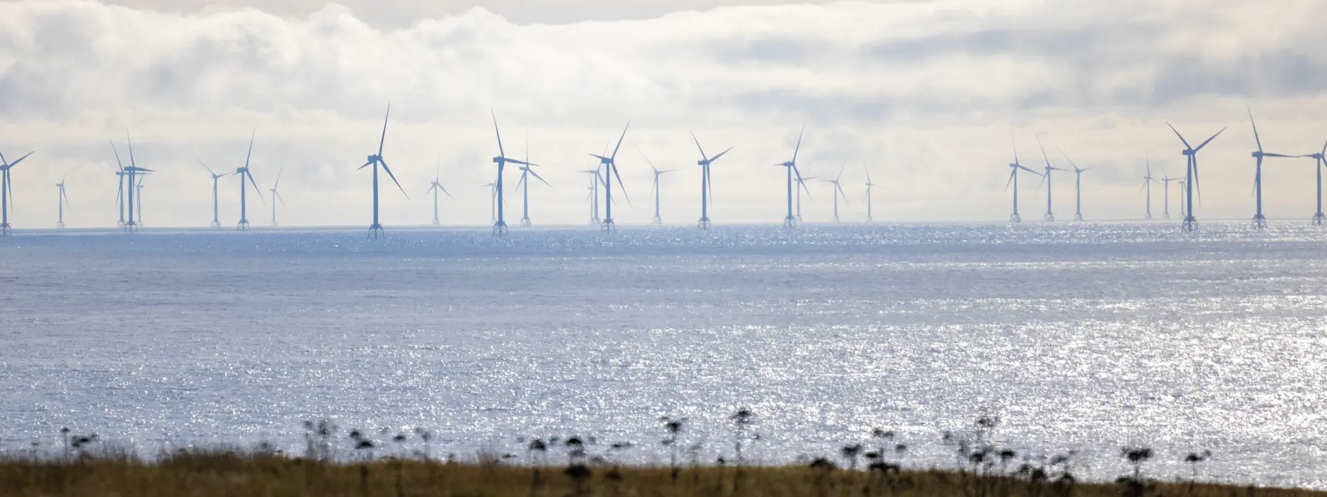 Offshore wind turbines visible in the distance on a calm sea, with a cloudy sky above and grassland in the foreground.