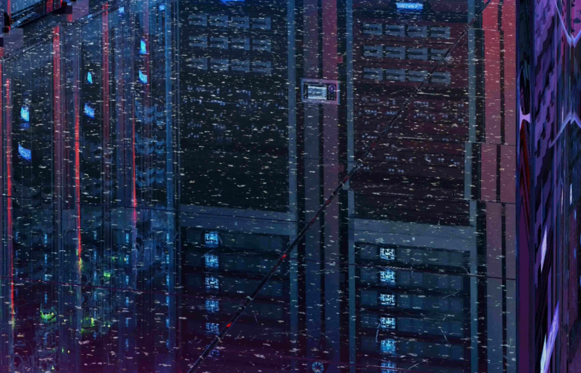 A close-up view of a modern data center with rows of servers illuminated by blue and red lights, reflecting a digital aesthetic. The image shows a slightly blurred effect, suggesting movement or activity.