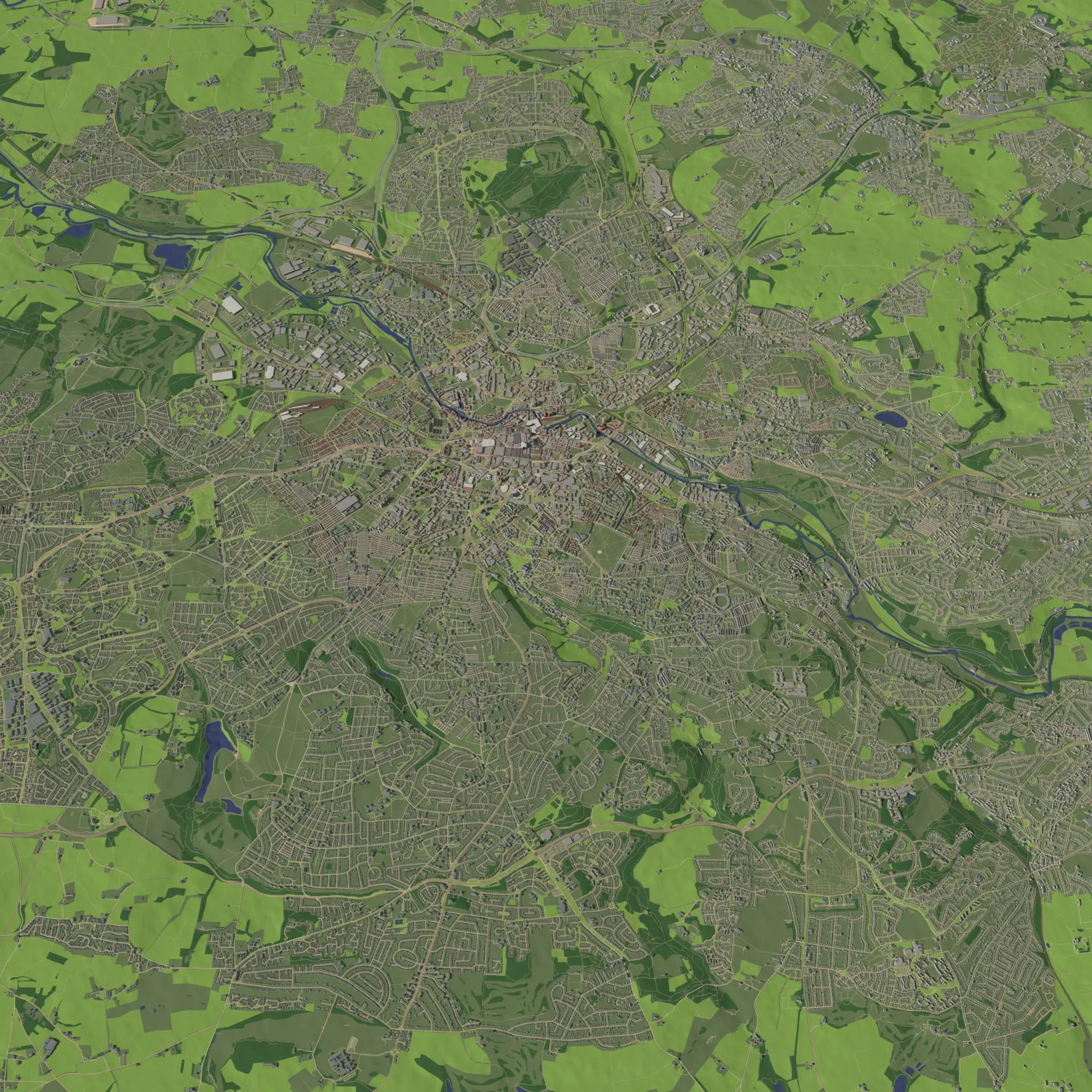 An aerial view of a town or city, displaying a network of roads, buildings, and green areas. The layout shows both urban development and surrounding natural landscapes, with rivers and parks visible.