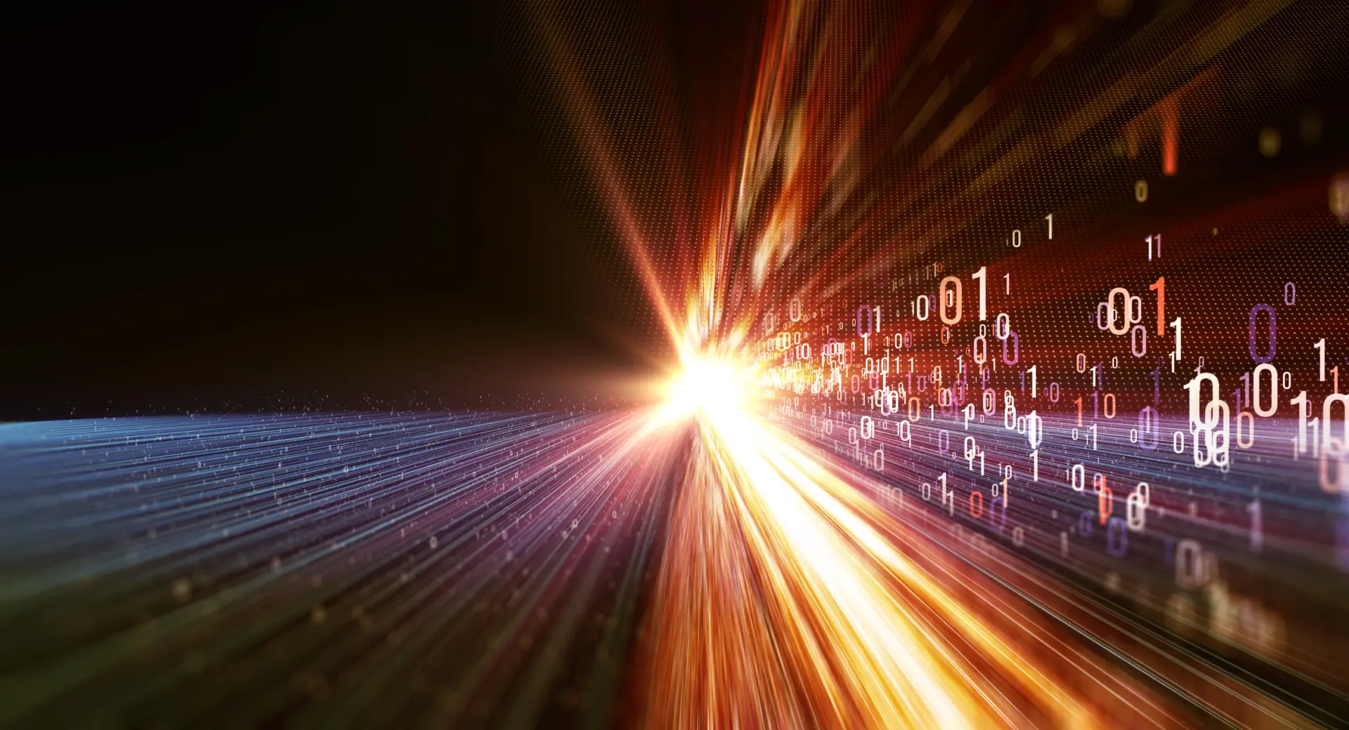 An abstract image depicting light beams and binary numbers, creating a sense of motion and speed against a dark background.