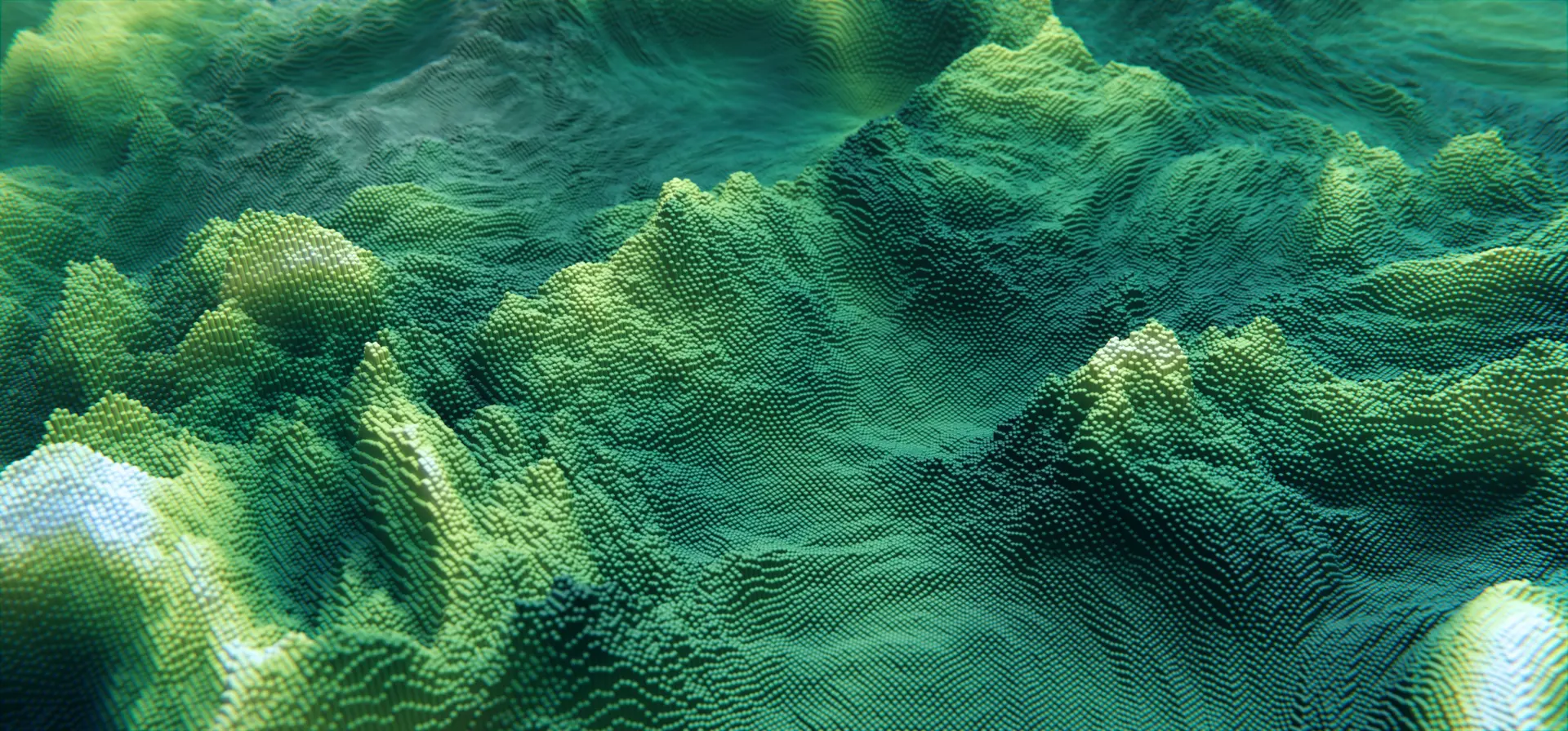A close-up view of a textured landscape featuring green and dark green hills and valleys, resembling a digital or abstract representation of a mountainous terrain.
