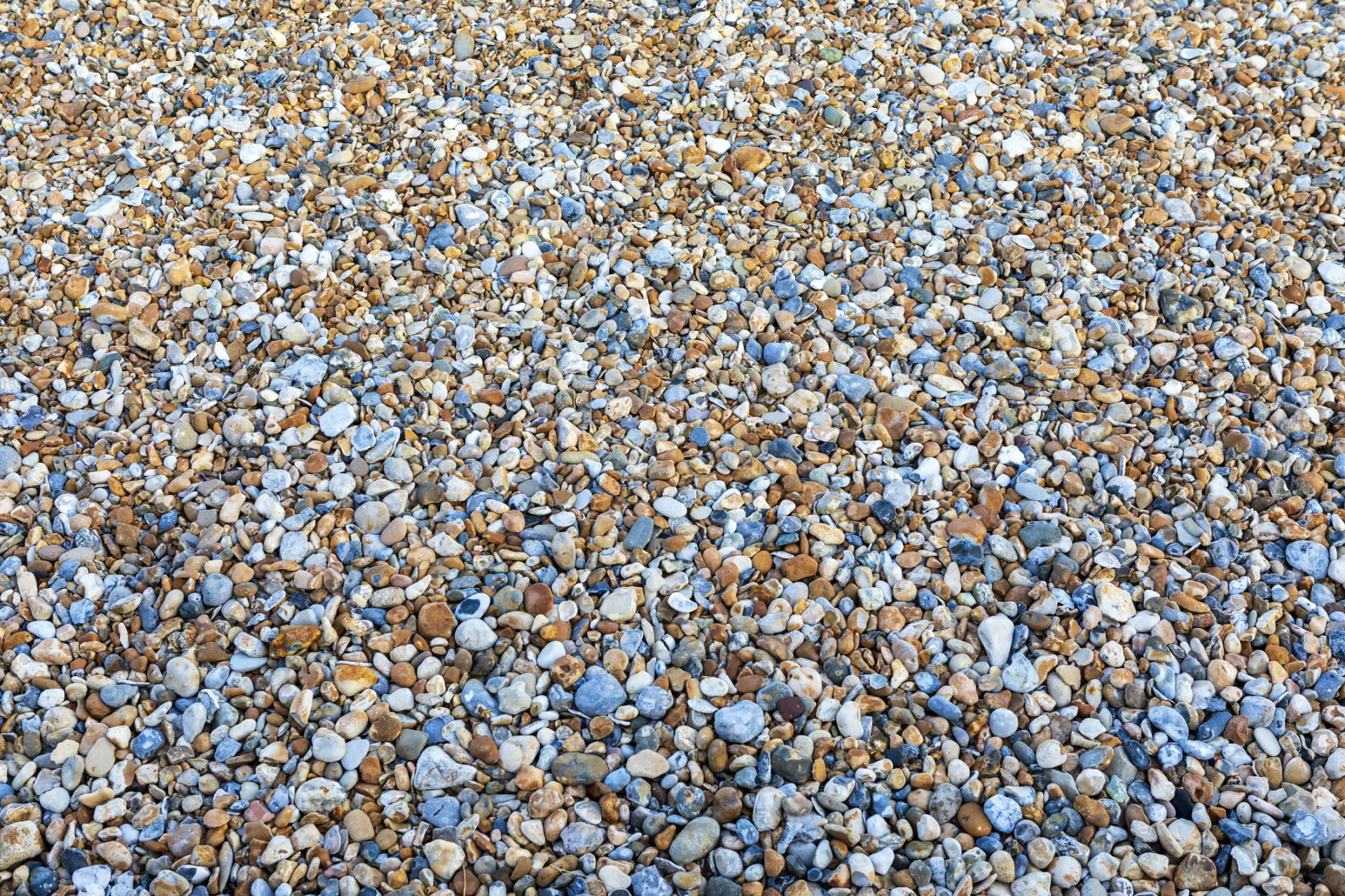 A diverse collection of small pebbles and stones in various colors, including browns, blues, and whites, covering a sandy surface.