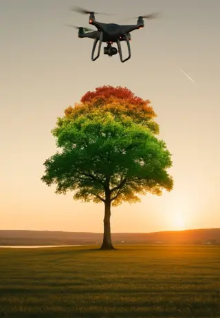A drone flying above a large tree with multicolored leaves, transitioning from green to yellow and red. The setting sun in the background illuminates the landscape with warm light.