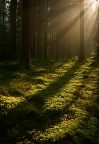 Sunlight filtering through tall trees in a forest, casting long shadows on a bed of lush green moss covering the ground.