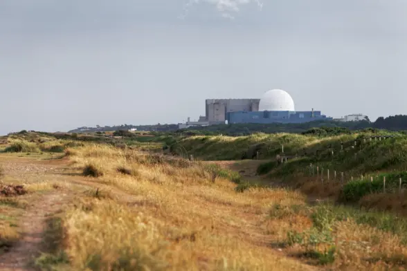 A landscape featuring a pathway through grassy fields leading to a nuclear power plant, identifiable by its dome structure, set against a cloudy sky.