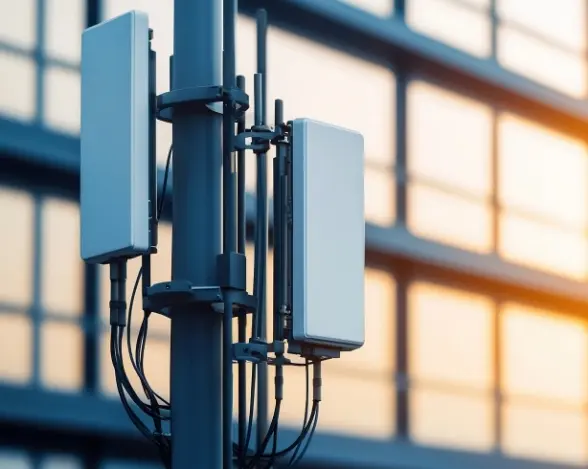 A close-up view of cellular antennas mounted on a gray pole, showcasing multiple antennas and cables. The background features a modern, glass building reflecting warm sunlight.