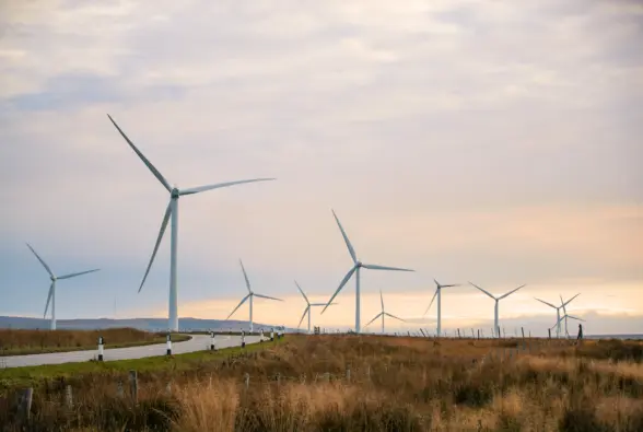 A landscape featuring multiple wind turbines beside a pathway, with grassy fields and a cloudy sky in the background. The scene emphasizes renewable energy and open spaces.