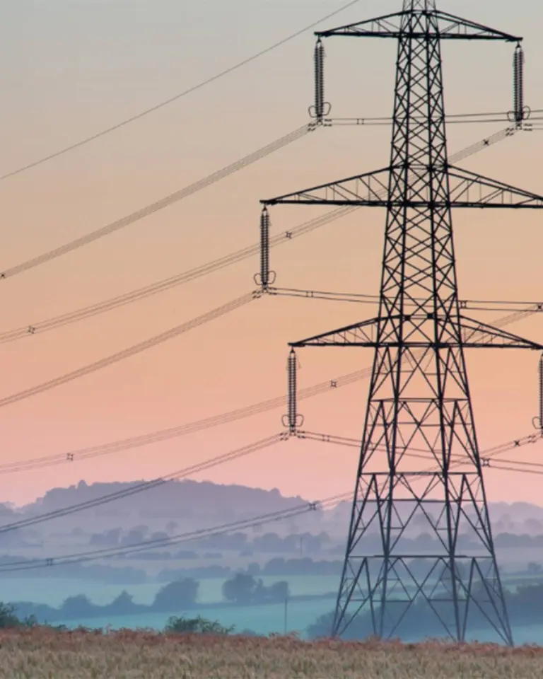 Power transmission towers standing in a rural landscape during early morning, with a soft gradient sky transitioning from purple to orange. Fields stretch in the foreground, and more towers are visible in the distance.