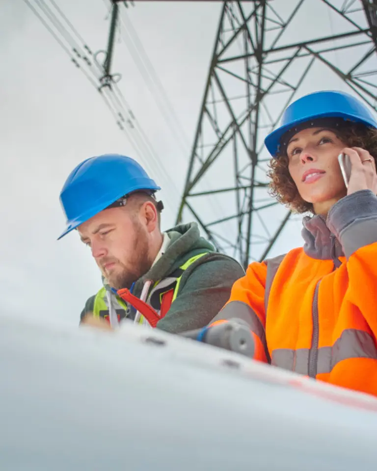 Two utility workers, one in an orange safety jacket and another in a reflective vest, observe equipment near a power line. The woman is speaking on a phone while the man checks something on the device.