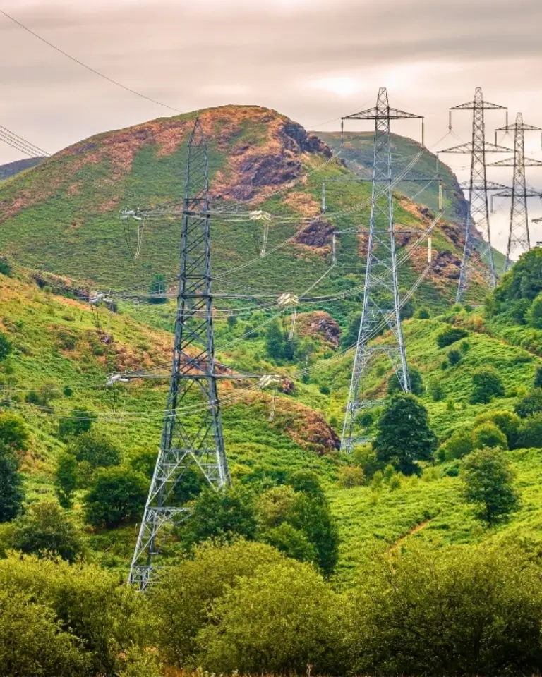 A scenic landscape featuring rolling hills covered with greenery, electric power lines towering in the background, and a cloudy sky. The foreground includes clusters of trees and bushes.