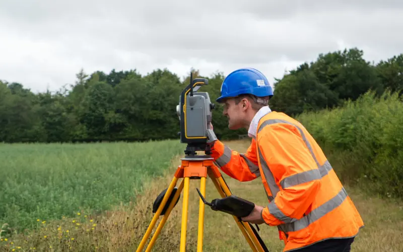 A construction worker in an orange safety jacket and blue hard hat uses a surveying instrument on a tripod in a grassy field, with trees in the background.