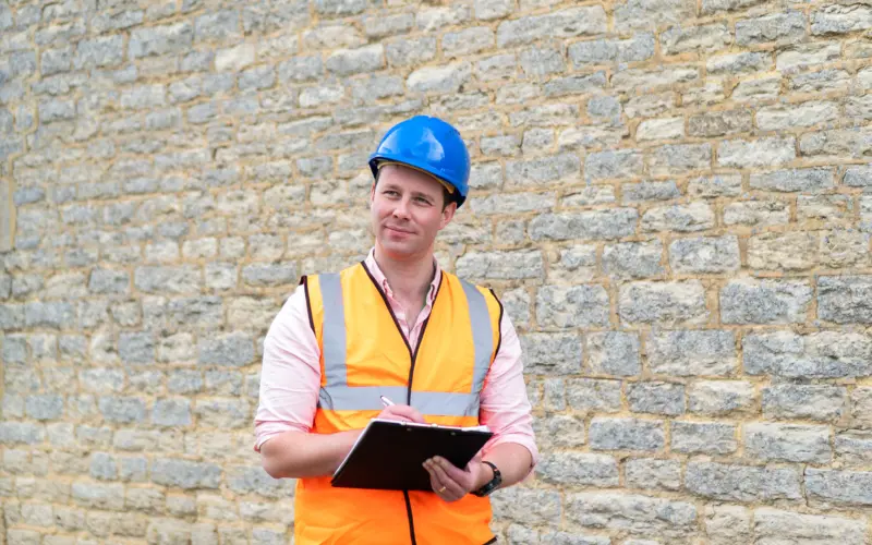 A construction worker wearing a blue hard hat and orange safety vest, holding a clipboard while standing in front of a stone wall.
