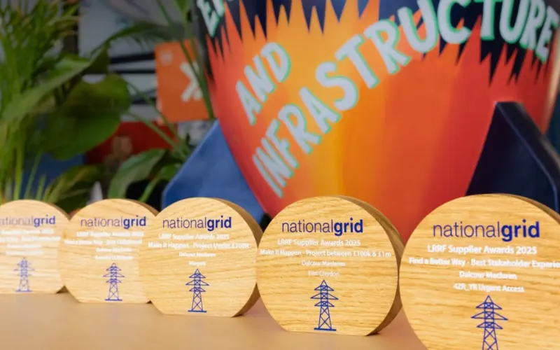 Five wooden awards with the text 'nationalgrid' and a design element depicting a power line, arranged on a table. In the background, a colorful banner that reads 'EMPOWERING COMMUNITIES AND INFRASTRUCTURE.'