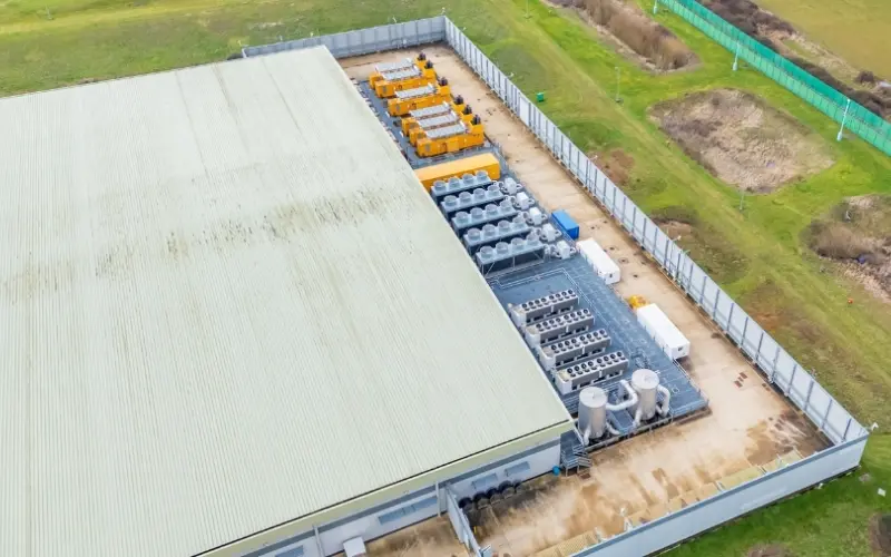 An aerial view of a large industrial building with a green metal roof. Adjacent to the building, various large equipment and generators are arranged on a concrete surface, surrounded by a security fence and grassy areas.