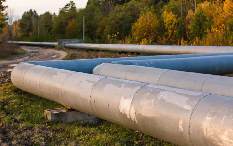 Large metal pipelines laid on a grassy area near a gravel path, surrounded by trees with autumn foliage. The pipelines have a weathered appearance, indicating exposure to the elements.