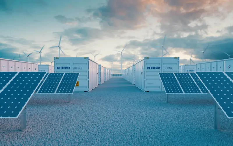 A renewable energy facility with rows of solar panels in the foreground and energy storage containers lined up in the background, under a cloudy sky with wind turbines visible in the distance.