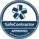 A circular logo featuring a five-petaled flower design above the text "SafeContractor APPROVED" with a blue background. The website "www.alcumusgroup.com" is displayed at the bottom.