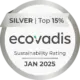 A circular silver badge with the text 'SILVER | Top 15%' and 'ecovadis Sustainability Rating' along with 'JAN 2025' displayed prominently, indicating a sustainability certification.