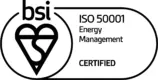 Logo of BSI certification indicating ISO 50001 Energy Management Certified. The design features a heart symbol integrated with the letters B and S, accompanied by the text 'ISO 50001 Energy Management CERTIFIED'.