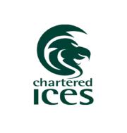 Logo for Chartered Ices featuring a stylized lion head in teal and the text 'chartered ices' in lowercase beneath it.
