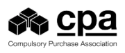 Logo of the Compulsory Purchase Association featuring three black blocks above the text 'cpa' and the full name below. The design is simple and monochromatic.