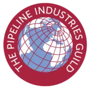 Logo of the Pipeline Industries Guild featuring a stylized globe in blue with white outlines, surrounded by a red circular border with the text 'THE PIPELINE INDUSTRIES GUILD' written in white.
