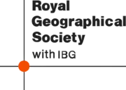 Logo of the Royal Geographical Society displayed with the text 'with IBG', featuring a central red dot and lines connecting the elements.