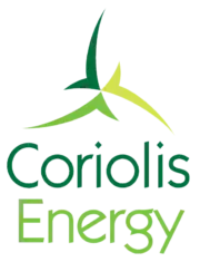 Logo of Coriolis Energy featuring a stylized wind turbine in green and yellow colors, with the text 'Coriolis Energy' in a modern font below the graphic.
