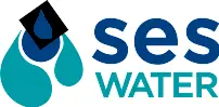 Logo of SES Water featuring a blue water droplet and stylized text reading 'SES WATER' in blue and turquoise colors.