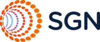 A logo featuring a series of concentric circles in orange, pink, and purple, creating a wave-like effect, alongside the letters 'SGN' in navy blue.