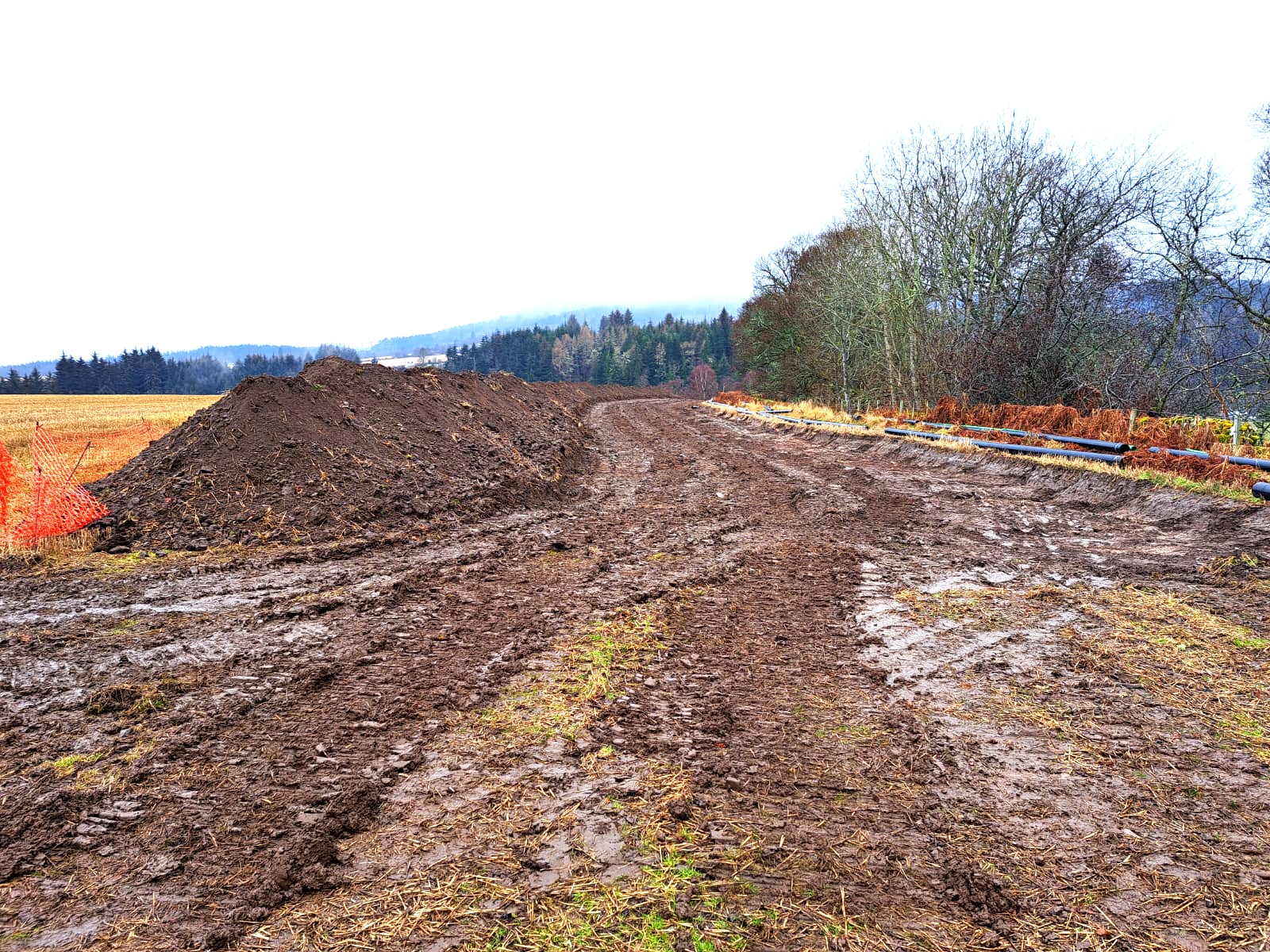 A muddy construction site with a mound of soil and dirt tracks leading into the distance. A barrier is visible on the right side, with trees in the background and an overcast sky.