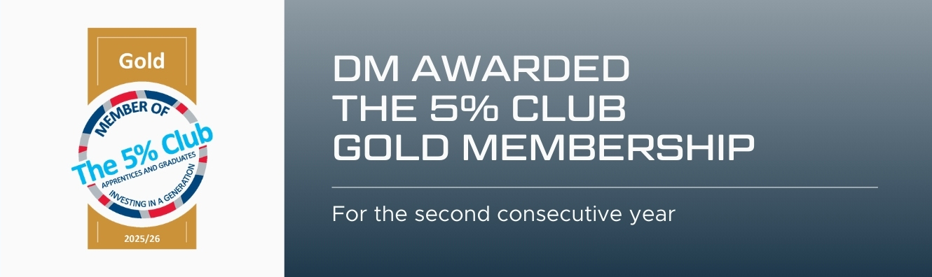 A certificate graphic showing 'DM awarded The 5% Club Gold Membership for the second consecutive year.' The design features a gold badge with text and a blue-gray gradient background.
