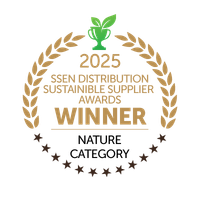 A circular award emblem featuring a green plant symbol at the top, surrounded by a golden laurel wreath. Text reads: '2025 SDN Distribution Sustainable Supplier Awards WINNER' in various styles.
